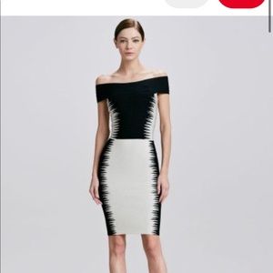 ISO!! Herve Leger Phoebe Jagged Pike Jacquard black/white off the shoulder dress